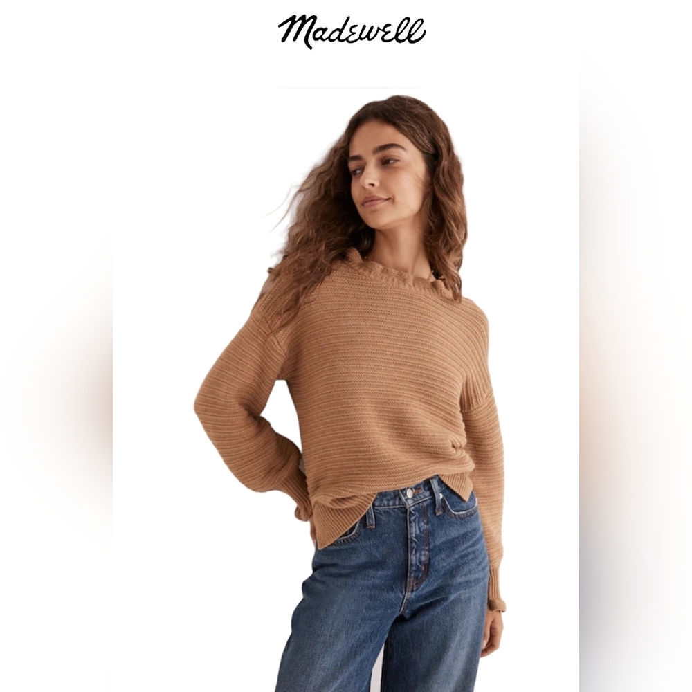 Madewell Ruffle-Neck Pullover Sweater in Cotton-Merino Yarn In Heather Toffee